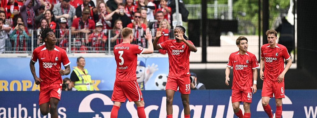 Heimsieg gegen Hoffenheim: Die Spieler des SC Freiburg jubeln. - © Silas Stein/dpa