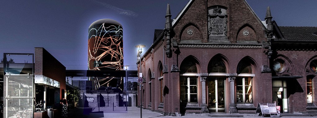 Die Grafik zeigt, wie sich die Stadtwerke die nächtliche Gestaltung des Wärmespeichers vorstellen können. Mit LED-Projektoren werden Bilder auf die Oberfläche geworfen – hier eine Lippische Rose. - © Jonas Johannes Becker