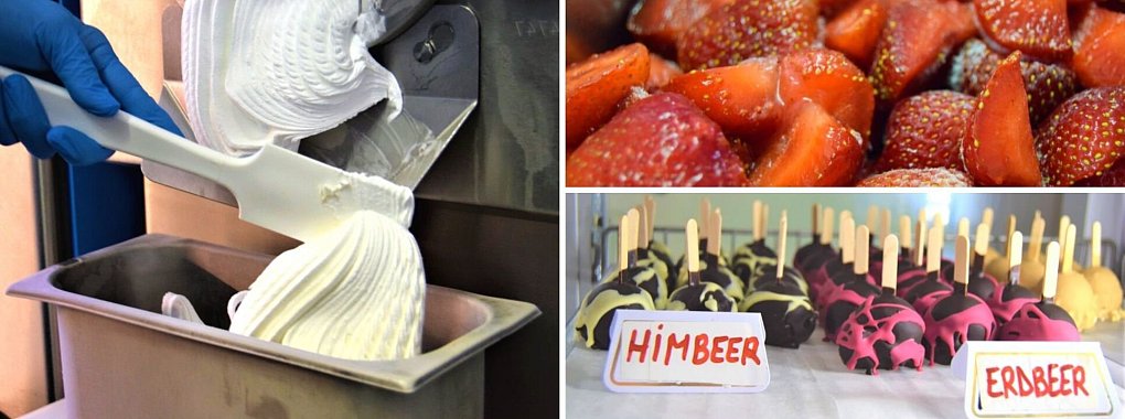 Zitroneneis frisch aus der Maschine, leicht gezuckerte Erdbeeren für ein fruchtiges Erdbeereis und Eispralinen gehören ins Sortimente von Daniele Carlet in Detmold-Hiddesen. - © Greta Wiedemeier