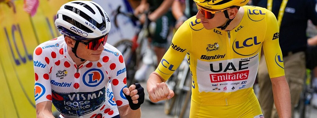 Die Rad-Superstars Jonas Vingegaard (l) und Tadej Pogacar. - © Jerome Delay/AP/dpa