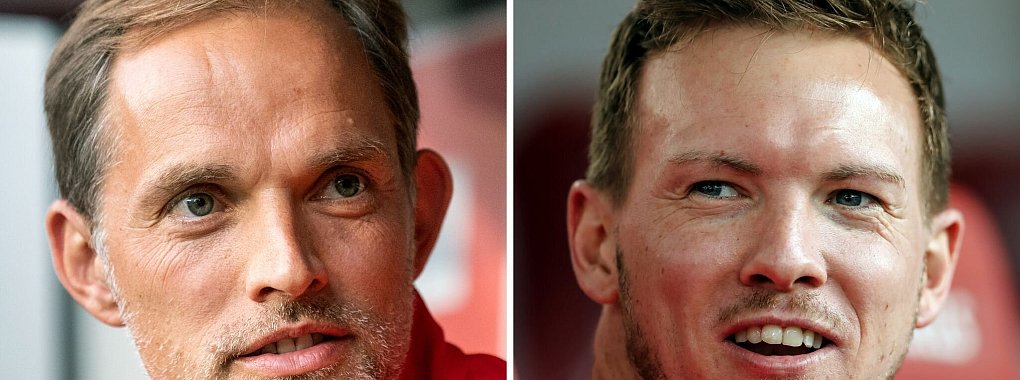 Thomas Tuchel (l.) und Julian Nagelsmann bevorzugen beide derzeit einen Nationaltrainer-Posten. - © Robert Michael/Jan Woitas/dpa