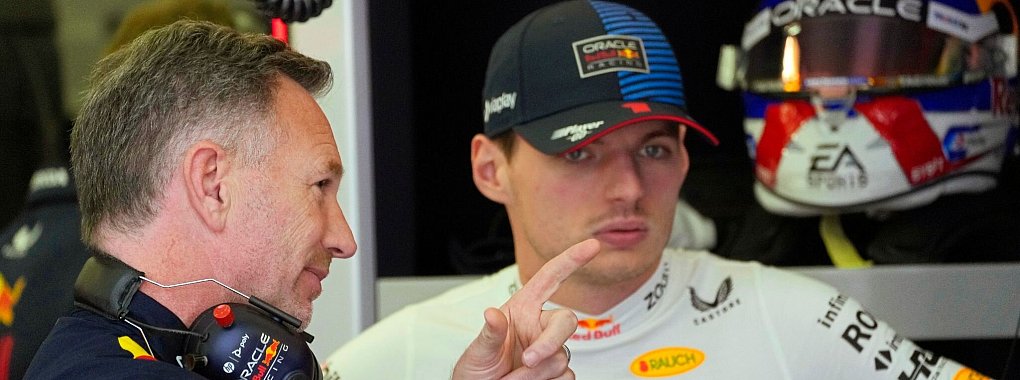 Red-Bull-Teamchef Christian Horner (l) und Max Verstappen. - © Darko Bandic/AP/dpa