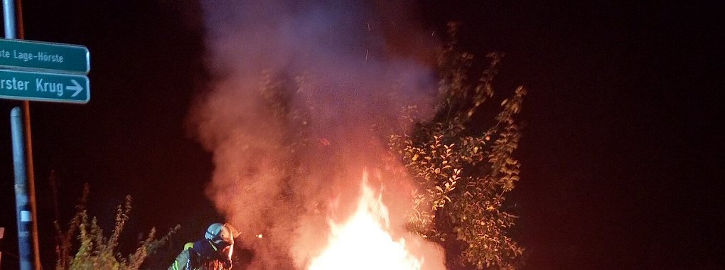 Das Fahrzeug stand bereits voll in Flammen, als die Lagenser Feuerwehr den Einsatzort erreichte. - © Feuerwehr Lage