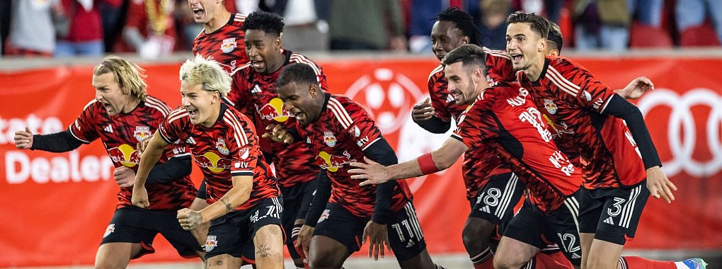 Emil Forsberg (ganz links) jubelt mit seinen Teamkollegen der New York Red Bulls. - © Eduardo Munoz Alvarez/FR171643 AP/dpa