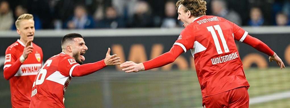Nick Woltemade jubelt nach der frühen Führung des VfB - © Uwe Anspach/dpa