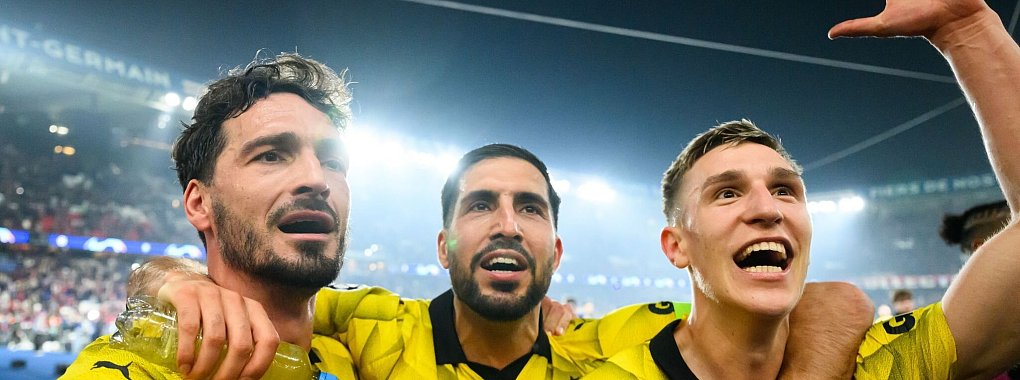 Treffen im Champions-League-Finale nun auf Real Madrid: Dortmunds Mats Hummels (l-r), Emre Can und Nico Schlotterbeck. - © Robert Michael/dpa