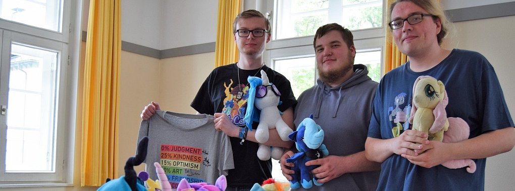 Junge Männer, die Plüschponys besitzen? Die drei Lipper (von links) Jonas Wüllner, Erik Düfel und Niklas Hartmann gehören zur "My Little Pony"-Fanszene und haben gute Gründe dafür. - © Greta Wiedemeier