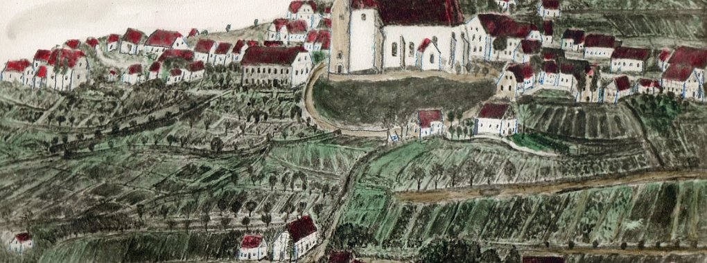 Das Dorf Oerlinghausen um 1850. Die colorierte Zeichnung zeigt den Kirchturm der Alexanderkirche mit seinem ursprünglichen stumpfen Dach. 
Repros: Horst Biere / Quelle: Stadtarchiv - © Repro: Horst Biere / Quelle: Stadtarchiv