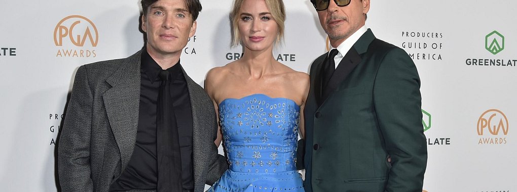 Cillian Murphy (v.l.), Emily Blunt und Robert Downey Jr. bei der 35. Verleihung der Producers Guild Awards. - &copy; Richard Shotwell/Invision/AP/dpa