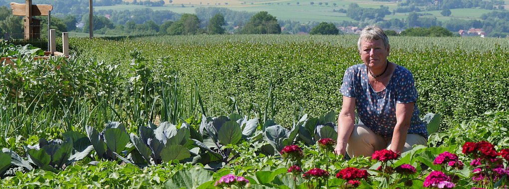 Neben dem Ziergarten bewirtschaftet Elsbeth Jost auf der anderen Seite des Hauses einen großen Gemüsegarten. Den Platz, den sie dort aktuell nicht benötigt, hat sie mit bienenfreundlichen Blumen bepflanzt. Im Hintergrund ist die grandiose Aussicht zu sehen, die Familie Jost täglich von ihrem Grundstück auf dem Humfelder Grotenberg hat. - © Jost Wolf