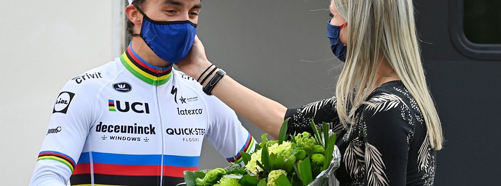 Julian Alaphilippe und Marion Rousse. - &copy; Eric Lalmand/BELGA/dpa