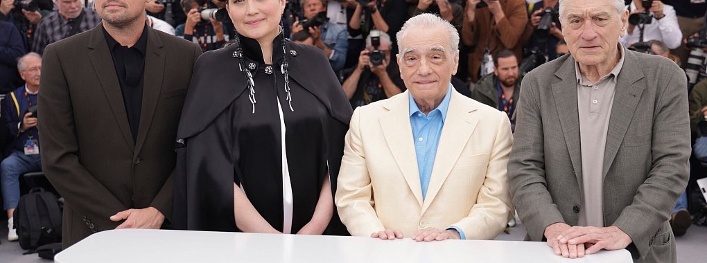 Leonardo DiCaprio (l-r), Lily Gladstone, Martin Scorsese und Robert De Niro stellen &laquo;Killers of the Flower Moon&raquo; beim Filmfestival in Cannes vor. - &copy; Vianney Le Caer/Invision/AP/dpa