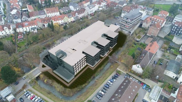 So könnte es aussehen: Das neue Parkhaus am Lustgarten, das zu einem Multi-Modal-Hub werden soll. - © Grafik: Stadt Detmold