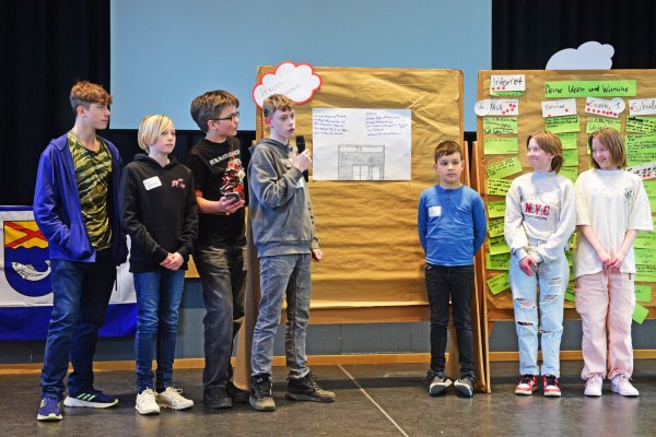 Die Gruppe "Läden" stellt ihre Ergebnisse der Gruppenarbeit vor. - © Nicole Ellerbrake