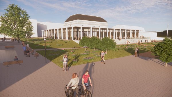 So stellen sich die Planer das Umfed des neuen Kurhauses vor. Es soll mehr Grün zum Einsatz kommen, außerdem wird das Entree zum Kurpark (links) breiter. - © Firma Eggersmann
