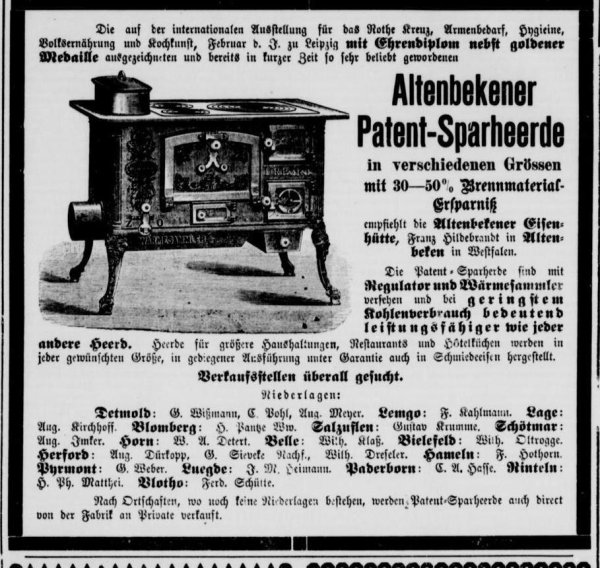 Mit solchen Anzeigen wurde der preisgekrönte "Altenbekener Sparheerd" auch in der LZ beworben sowie in verschiedenen Geschäften in Lippe verkauft. - © Repro: Benedikt Heitmar