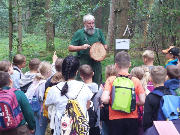 An der Station Forstwirtschaft erläutert Jörg Braunstein Grundschülern, wie man bei der Berechnung der Jahresringe eines Baumes vorgeht. - © Karin Prignitz