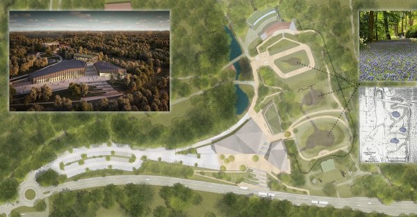 Die Visualisierung zeigt das oberirdisch dreiteilige Eingangs- und Ausstellungsgebäude des Freilichtmuseums. Im Bereich unterhalb des Krummen Hauses ist die spätere Parkgestaltung visualisiert, die sich an der historischen Skizze orientiert. - © LWL/Studio grüngrau (Plan) und AVP Group (Gebäude)