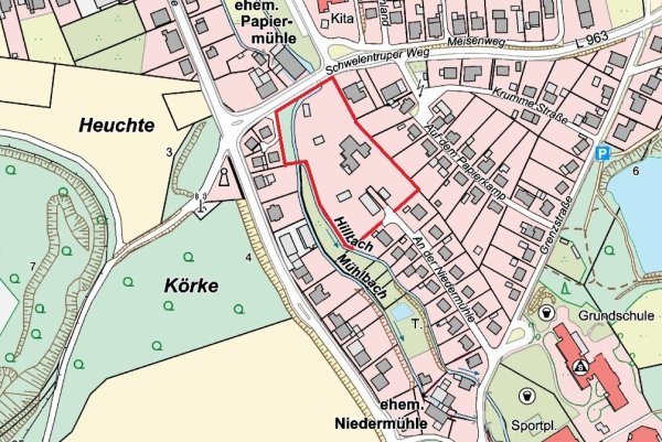 Rot umrandet ist in etwa das Gebiet nahe dem Mühlbach, auf dem neue Häuser gebaut werden sollen. Es liegt zwischen dem Schwelentruper Weg und der Straße An der Niedermühle. - © Geobasisdaten NRW/Jens Rademacher