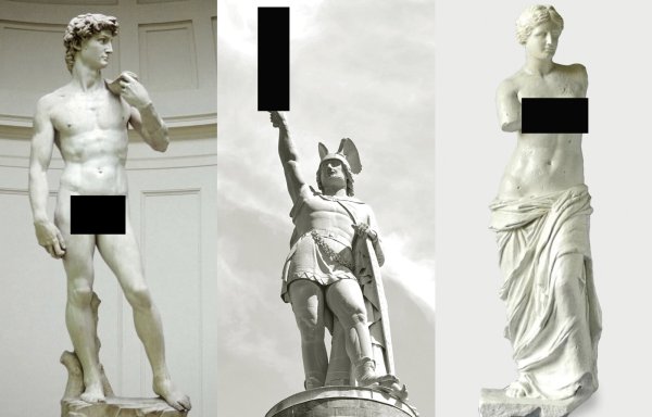 Günter Schulz nennt seine Arbeit "Zensurbalkenschwemme" - als Reaktion auf ein Verbot des David von Michelangelo wegen Pornographie in einer Schule in Florida zensiert Schulz gleich zwei weitere Klassiker: die Venus und den Hermann. - © Landesverband