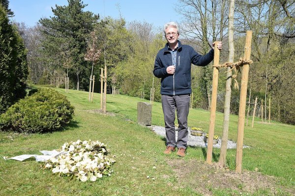 Pfarrer Uwe Sundermann neben einem der im Urnenhain neu angepflanzten heimischen Bäume. 17 weitere stehen in einigem Abstand und werden einmal einen Wald bilden.
Foto: Karin Prignitz - © Karin Prignitz