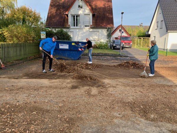 Viel Laub ist auf Straßen angefallen, das gemeinsam zusammengekehrt wurde. - © Bildrechte: Heimatverein Biemsen-Ahmsen