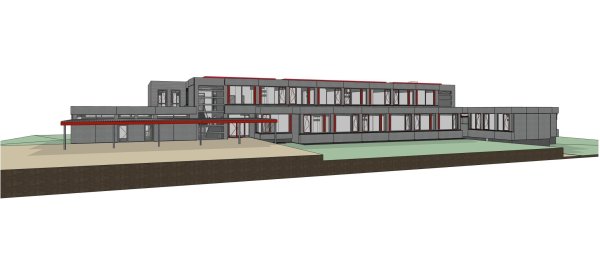 So könnte die Grundschule Langenholzhausen nach der energetischen Sanierung aussehen. Es sind aber noch nicht alle Details festgezurrt. So ist die Farbe Rot bislang ein Vorschlag des Architekturbüros Schwakenberg/Bley. - © Grafik: Schwakenberg Bley Architektenpartnerschaft