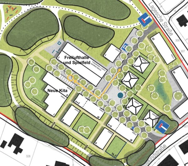 Ecke Wittekindstraße/Lagesche Straße - die bisherigen Parkplätze bleiben, im Umfeld ist Wohnbebauug bzw auch das alte Vereinsheim. - © Grafik: Stadt Detmold/Sven Koch