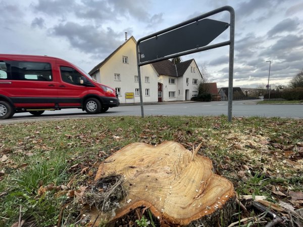 Plötzlich war er ab: Damit an dieser Kreuzung demnächst die gigantischen Rotorblätter für die neuen Windräder passieren können, musste der von der Dorfgemeinschaft gepflanzte Baum weichen. - © Silke Buhrmester