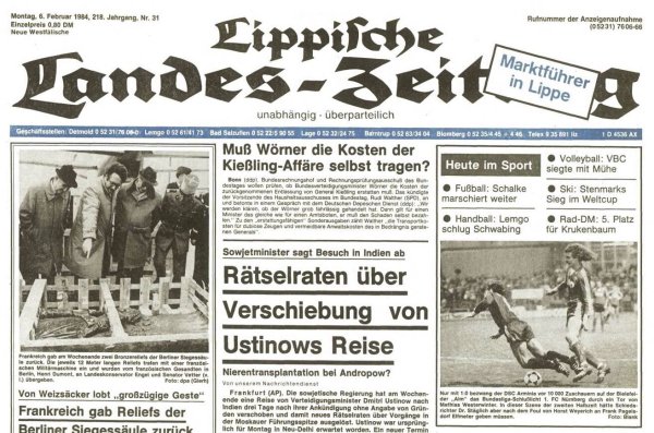 Die Titelseite der LZ vom 6. Februar 1984. Im Fußball marschieren Schalke und die Arminia - daran kann man sich heute kaum noch erinnern. - © Lippische Landes-Zeitung