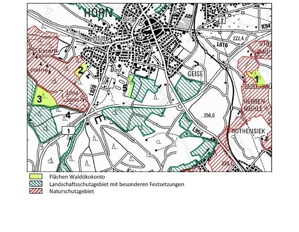 Der Plan zeigt die fünf für das Waldökokonto vorgesehenen Flächen. Vier davon sind hellgrün markiert. Die vierte Fläche befindet sich in der Nähe der Fläche 3 entlang des Krebsbachs. Grün schraffiert sind Landschafts-, rot Naturschutzgebiete. - © Planungsbüro Rinteln