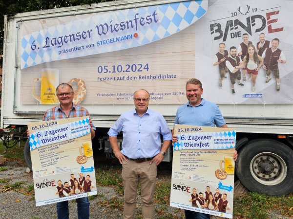 Zum Organisationsteam des 6. Lagenser Wiesnfestes und Vorstand der Schützengilde gehören Michael Krügermeyer-Kalthoff (von links), Kai Freudenberg und Frank Schröder. Sie haben eine zünftige Sause im Festzelt auf Reinholdi geplant. - © Astrid Sewing