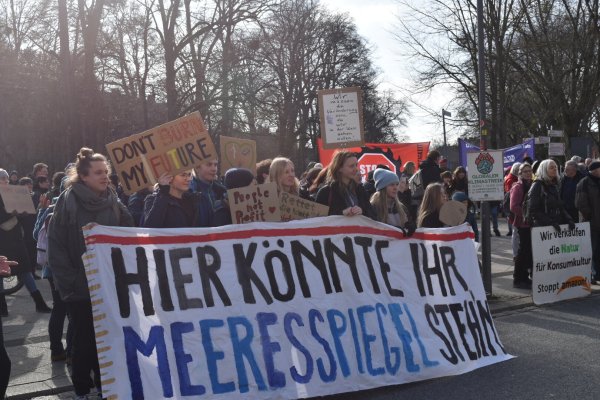 Die Demonstranten halten ihre Schilder, Banner und Fahnen vor dem Landestheater hoch, auf denen Zitate und Slogans zur Klimakrise stehen. - © Katrin Niemeier