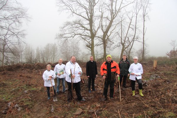 Pflanzaktion bei nass-nebeligem Wetter auf dem Dohlenberg: (von links) Annette Reinking, Uwe Hagemeier, Norbert Lange, Jörg Bierwirth, Daniel Reker, Ute Reckefuß und Wilma Thorenmeier. - © Silke Buhrmester(LZ)