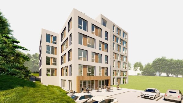Das neue Ärztehaus (hier eine Visualisierung) entsteht auf der Brachfläche der ehemaligen Klinik am Kurpark zwischen Sophien- und Parkstraße und grenzt künftig an das Parkhaus Kurzentrum an. Visualisierung: Sander Immobiliengruppe - © Sander Immobiliengruppe