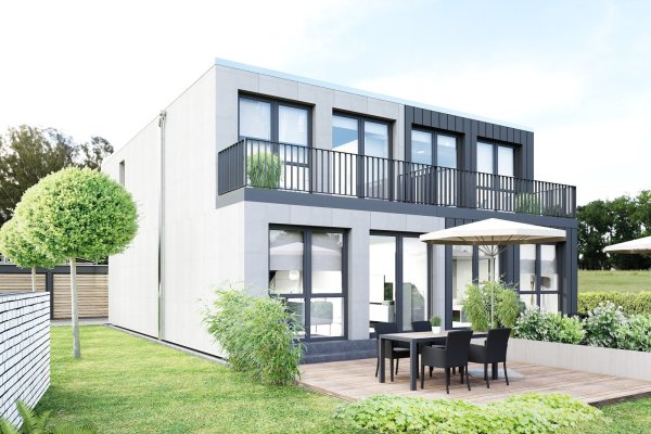 So könnte ein Doppelhaus aus acht Überseecontainern aussehen, wie Conwerk es sich vorstellt. In Herbram werden nur vier Container aufgestellt. - © Conwerk (Visualisierung)