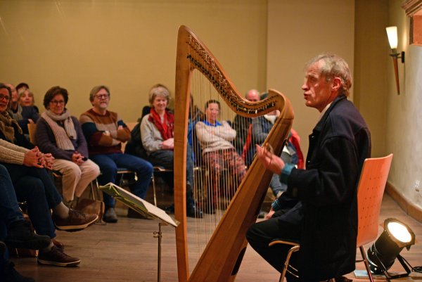 Tom Daun an seiner Harfe im Rittersaal der Burg. - © Nicole Ellerbrake