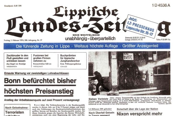 Die Titelseite der Lippischen Landes-Zeitung vom 1. Februar 1974. - © Lippische Landeszeitung