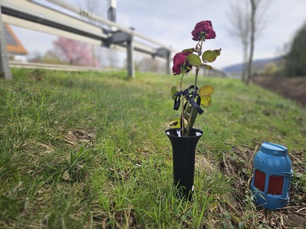 Blumen und eine Kerze erinnern an den tödlichen Unfall vom 7. März auf der Umgehungstraße in Lügde. Ein 54-Jähriger ist hier gestorben, weil sich ein anderer Mann (29) das Leben nehmen wollte. - © Janet König