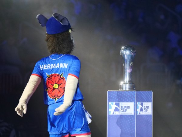 TBV-Maskottchen Hermann ist nah dran am DHB-Pokal. - © Jörg Hagemann
