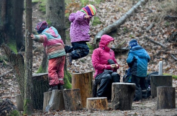 So ähnlich könnte es aussehen: Die Waldhasen-Gruppe spielt im Waldkindergarten am Boxberg in Schleswig-Holstein. - © Carsten Rehder/dpa