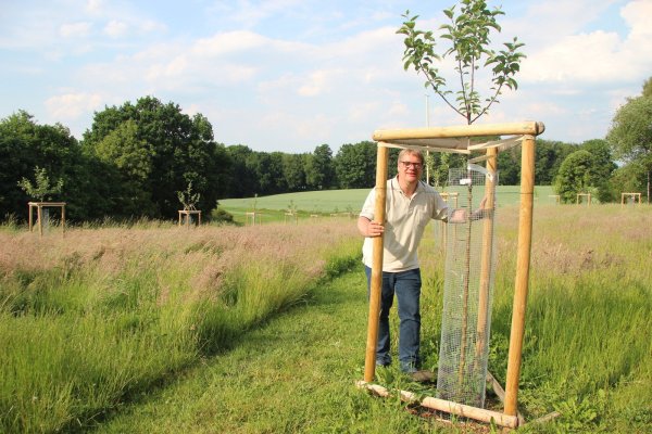 Uwe Marek hat 30 Obstbäume auf seiner Streuobstwiese gepflanzt. Er hofft, in sechs bis sieben Jahren die ersten Früchte der harten Arbeit ernten zu können. - © Katrin Kantelberg(LZ)