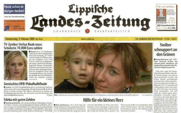 Die Titelseite der LZ vom 5. Februar 2004. Was zuerst ins Auge fällt: Die Tageszeitung hat an Farbe gewonnen. - © Lippische Landes-Zeitung