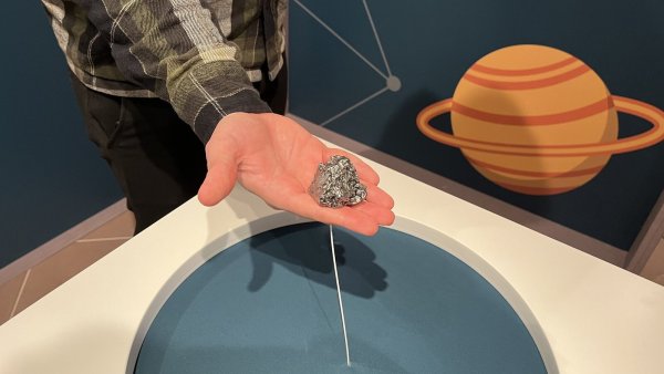 Die Ausstellung "Alles außer irdisch. Sternstunden der Astronomie" beinhaltet neben historischen Exponaten auch viele Elemente zum Anfassen und Mitmachen - so wie diesen Meteorit. - © Jana Beckmann