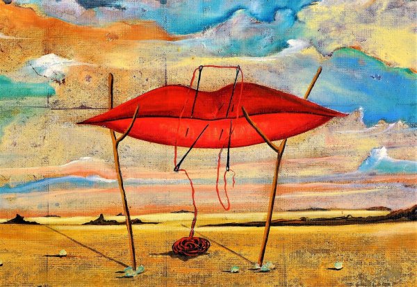 Huertez, "Roter Mund in Landschaft" (1965) , Öl auf Leinwand, ist unter anderem in Schieder-Schwalenberg zu sehen. - © Sundermann fine Art