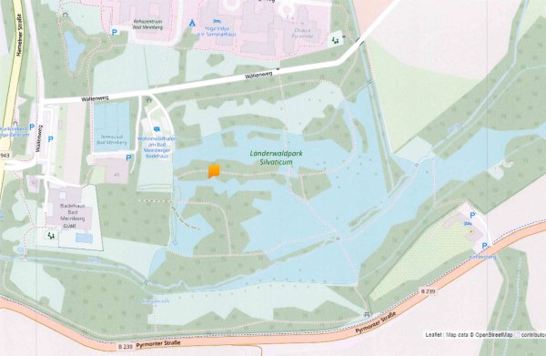 An der gelb markierten Stelle im Länderwaldpark Silvaticum befindet sich die längst wieder zugeschüttete Sole-Bohrungsstelle - sie ist nicht mehr zu sehen. - © OpenStreetMap