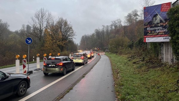Die Paderborner Straße ist auf Höhe des Freilichtmuseums nur einseitig befahrbar. Eine Baustellenampel regelt den Verkehr. - © Jana Beckmann