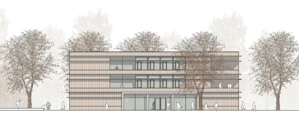 Der Neubau für die fünften und sechsten Klassen wird als Holzrahmenkonstruktion gebaut und auch mit Holz verkleidet. - © Bildrechte: Hatau.Winterhalter: Architekten