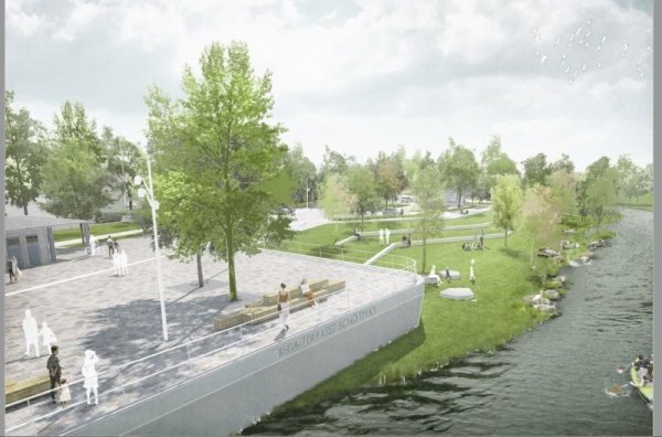 So soll nach dem Entwurf eines Berliner Planungsbüros die künftige "Platzterrasse" an der Bega aussehen. - © GM013 Landschaftsarchitektur