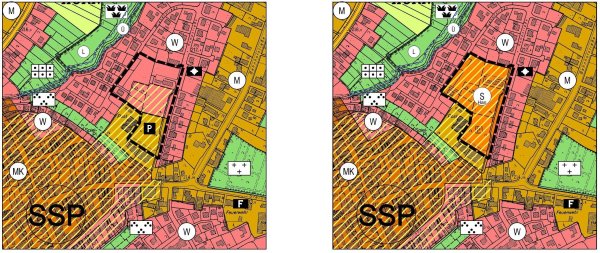 Das schwarz umrandete Gebiet ist der Bereich des Fachmarktzentrums Kampstraße (ohne die Verbindung zum Kreisverkehr). Gelb schraffiert ist der zentrale Versorgungsbereich, der in der gültigen Fassung des Flächennutzungsplanes (links) nur einen Teil des Fachmarktzentrum-Geländes überdeckt. Die geplante Änderung soll das gesamte Areal einbeziehen (rechts). - © Stadt Horn-Bad Meinberg